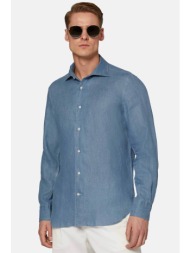 boggi milano ανδρικό λινό πουκάμισο μονόχρωμο regular fit - bo24p042706 μπλε