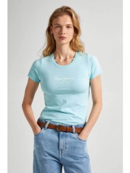 pepe jeans γυναικείο t-shirt μονόχρωμο με logo print - pl505202 τυρκουάζ