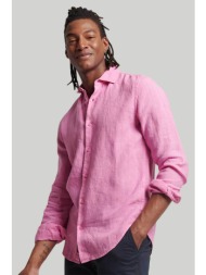 superdry ανδρικό πουκάμισο λινό μονόχρωμο με logo patch στην πατιλέτα - m4010607a ροζ