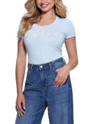 guess γυναικείο βαμβακερό t-shirt με ανάγλυφο logo και στρας λεπτομέρειες - w4ri45j1314 γαλάζιο