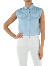 markup γυναικείο πουκάμισο cropped βαμβακερό με ριγέ σχέδιο και διακοσμητικά πατ - mw663002 γαλάζιο