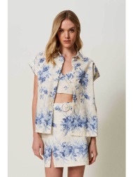 twinset γυναικείο λινό πουκάμισο με floral print - 241tt2426 κρέμ
