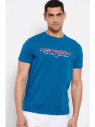 funky buddha ανδρικό βαμβακερό t-shirt με contrast logo print μπροστά - fbm007-324-04 πετρόλ