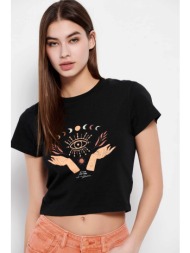 funky buddha γυναικείο βαμβακερό crop t-shirt με τυπώματα μπροστά και πίσω - fbl007-196-04 μαύρο