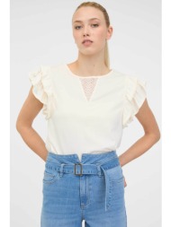 orsay γυναικείο t-shirt μονόχρωμο με βολάν στα μανίκια και λεπτομέρεια με δαντέλα μπροστά - 1000327-