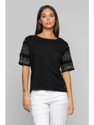 kocca γυναικείο τ-shirt με απλικέ πέτρες στα μανίκια `piratira` - p24pts1421abun0000 μαύρο