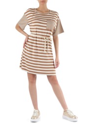 markup γυναικείο mini φόρεμα με ριγέ σχέδιο και ζώνη-σχοινί στην μέση - mw661245 μπεζ