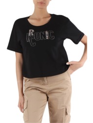 markup γυναικείο t-shirt μονόχρωμο βαμβακερό με lettering και μεταλλική λεπτομέρεια - mw661004 μαύρο