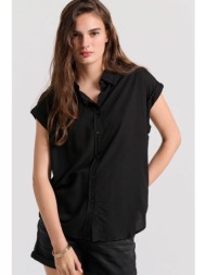 funky buddha γυναικείο πουκάμισο μονόχρωμο με λεπτομέρεια με σούρες στην πλάτη - fbl009-100-05 μαύρο