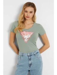 guess γυναικείο t-shirt βαμβακερό μονόχρωμο με floral triangular logo print - w4gi21j1314 πράσινο μέ