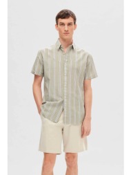 selected ανδρικό κοντομάνικο πουκάμισο με ριγέ σχέδιο regular fit - 16092495 λαδί