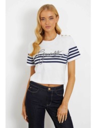 guess γυναικείο t-shirt cropped βαμβακερό με ριγέ σχέδιο και ανάγλυφο λογότυπο - w4gi18k8fq4 λευκό