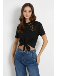 guess γυναικείο t-shirt cropped μονόχρωμο με σχέδιο με δαντέλα και κόμπο μπροστά - w4gi15i3z14 μαύρο