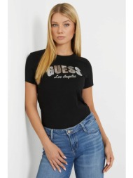 guess γυναικείο t-shirt μονόχρωμο βαμβακερό με λογότυπο με παγιέτες - w4gi31i3z14 μαύρο