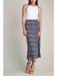attrattivo γυναικεία midi φούστα με floral print και άνοιγμα στο πλάι - 9918398 μπλε σκούρο