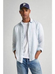 pepe jeans ανδρικό πουκάμισο λινό μονόχρωμο με κεντημένο λογότυπο και πιέτα πίσω - pm308523 σιελ