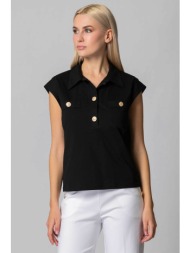 billy sabbado γυναικεία μπλούζα πόλο μονόχρωμη βαμβακερή με διακοσμητικά πατ - 0332278215 μαύρο