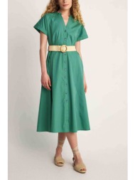 attrattivo γυναικείο midi φόρεμα βαμβακερό μονόχρωμο με ζώνη στην μέση - 9918958 πράσινο