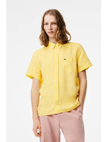 lacoste ανδρικό λινό πουκάμισο μονόχρωμο με απλικέ τσέπη με σε προσφορά