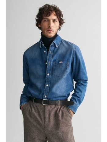 gant ανδρικό denim πουκάμισο button down με τσέπη και