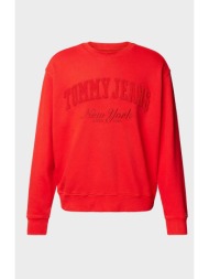 tommy jeans ανδρική μπλούζα φούτερ με ανάγλυφο λογότυπο και ribbed λεπτομέρειες - dm0dm20262 κόκκινο