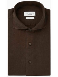 profuomo ανδρικό λινό πουκάμισο μονόχρωμο slim fit - ppwh10020h καφέ