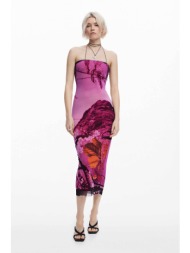 desigual γυναικείο φόρεμα midi στράπλες με print `lakecomo` - 25swvk39 ροζ