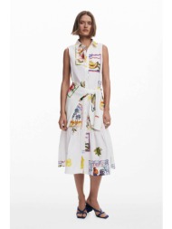 desigual γυναικείο φόρεμα midi αμάνικο με print `barcelona` - 25swvw42 λευκό
