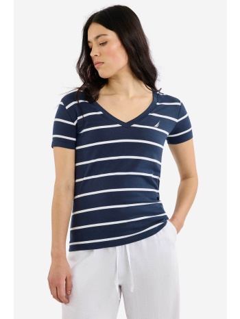 nautica γυναικείο t-shirt με v, ριγέ σχέδιο και κεντημένο