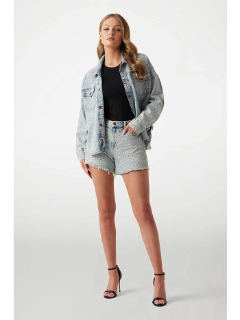 guess γυναικείο denim σορτς πεντάτσεπο με στρας relaxed fit