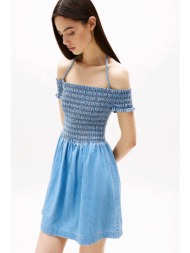 tommy jeans γυναικείο mini φόρεμα με σφηκοφωλιά slim flared fit - dw0dw20677 denim blue