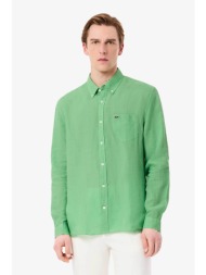 lacoste ανδρικό λινό πουκάμισο button down με τσέπη και κεντημένο λογότυπο regular fit - ch5692 πράσ