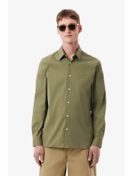lacoste ανδρικό πουκάμισο poplin με ton-sur-ton κεντημένο λογότυπο slim fit - ch5253 λαδί
