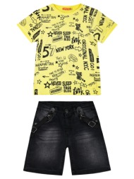 σετ μπλούζα εμπριμέ με τζιν βερμούδα και τιράντες για αγόρι - κίτρινο 12-223122-0-5-etwn-kitrino