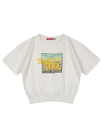 παιδική μπλούζα κροπ με τύπωμα για κορίτσι - εκρού