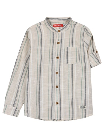 ριγέ πουκάμισό λινό για αγόρι με γιακά μάο - εκρού