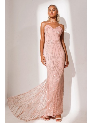 φόρεμα βραδινό με μακρυά ουρά και τιράντα σιλικόνη - ροζ