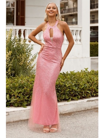 φόρεμα βραδινό με strass και άνοιγμα στο μπούστο - ροζ