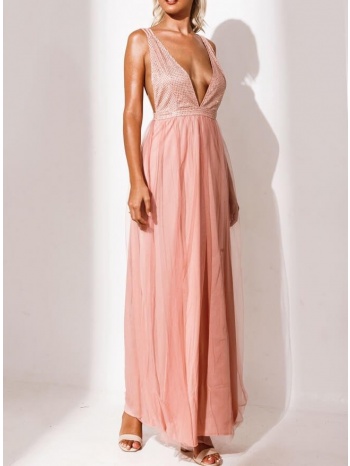 φόρεμα βραδινό με τούλι και strass - ροζ