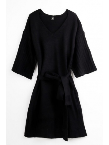 φόρεμα πλεκτό με ζωνάκι plus size - μαύρο