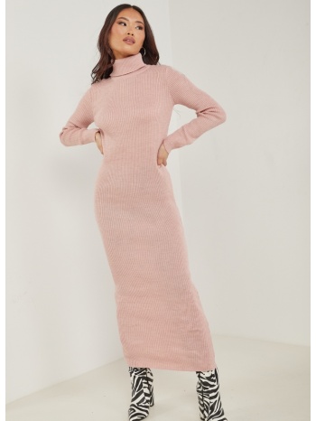 φόρεμα maxi πλεκτό με ζιβάγκο - ροζ