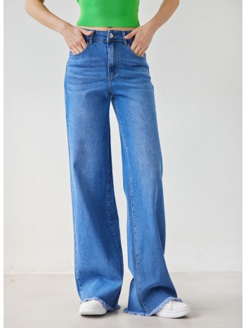 παντελόνι τζιν wide leg με ξέφτια - μπλε jean σε προσφορά
