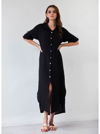 φόρεμα λινό με κουμπιά - μαύρο σε προσφορά