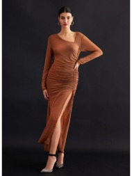 φόρεμα μάξι διαφάνεια με διακριτικό glitter lumina - caramel