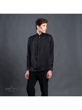 πουκάμισο με μάο γιακά μαύρο black line apeiron (modern fit) σε προσφορά