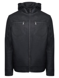 hooded biker jacket eco leather μαύρο (modern fit) new arrival