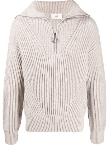 ανδρικό μπεζ half-zip ribbed-knit sweatshirt ami paris